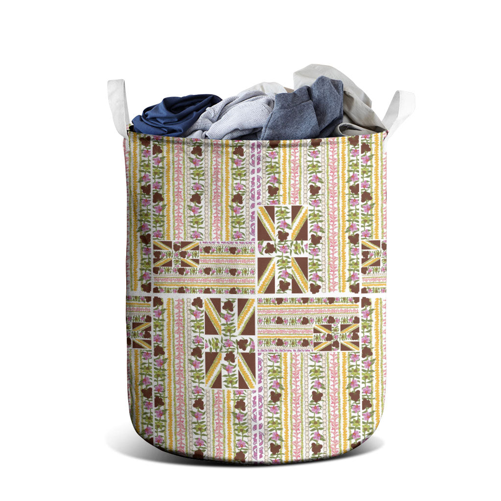 Hawaii Lokelani Pikake Lei Laundry Basket Hawaiian Flag Motif