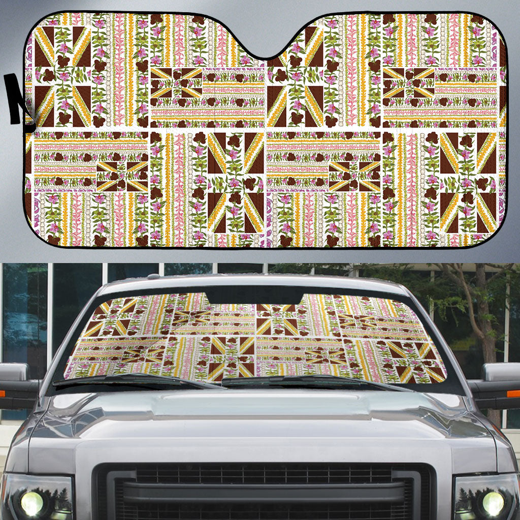Hawaii Lokelani Pikake Lei Auto Sun Shade Hawaiian Flag Motif LT9 White - Polynesian Pride