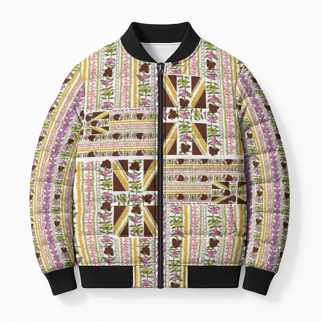 Hawaii Lokelani Pikake Lei Bomber Puffer Jacket Hawaiian Flag Motif