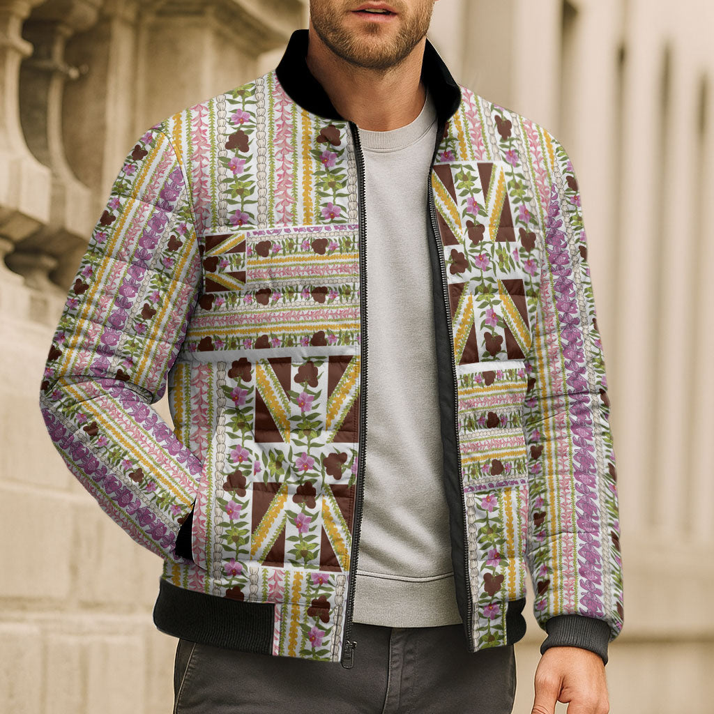 Hawaii Lokelani Pikake Lei Bomber Puffer Jacket Hawaiian Flag Motif