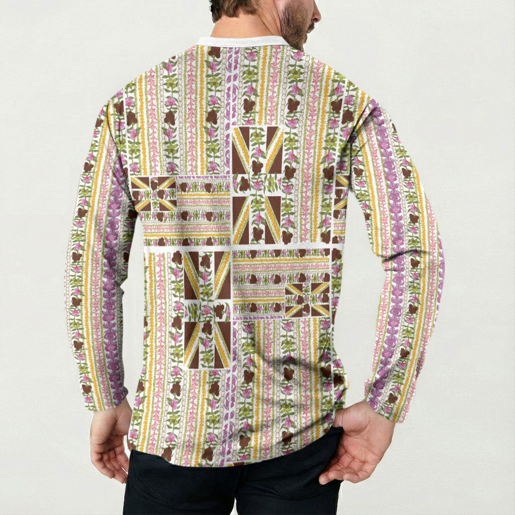 Hawaii Lokelani Pikake Lei Button Sweatshirt Hawaiian Flag Motif