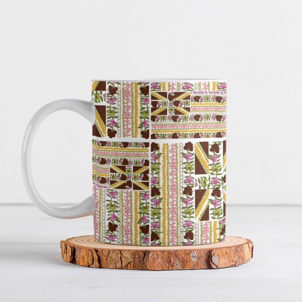 Hawaii Lokelani Pikake Lei Ceramic Mug Hawaiian Flag Motif