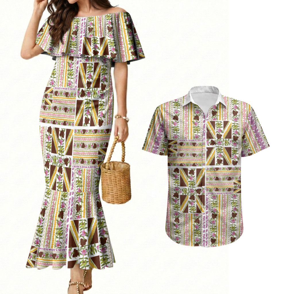 Hawaii Lokelani Pikake Lei Couples Matching Mermaid Dress and Hawaiian Shirt Hawaiian Flag Motif LT9 White - Polynesian Pride