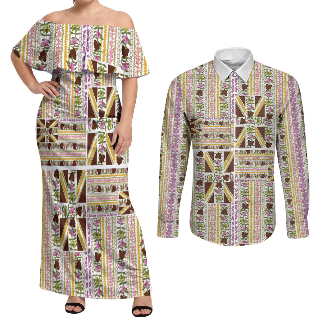 Hawaii Lokelani Pikake Lei Couples Matching Off Shoulder Maxi Dress and Long Sleeve Button Shirt Hawaiian Flag Motif LT9 White - Polynesian Pride