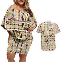 Hawaii Lokelani Pikake Lei Couples Matching Off Shoulder Short Dress and Hawaiian Shirt Hawaiian Flag Motif