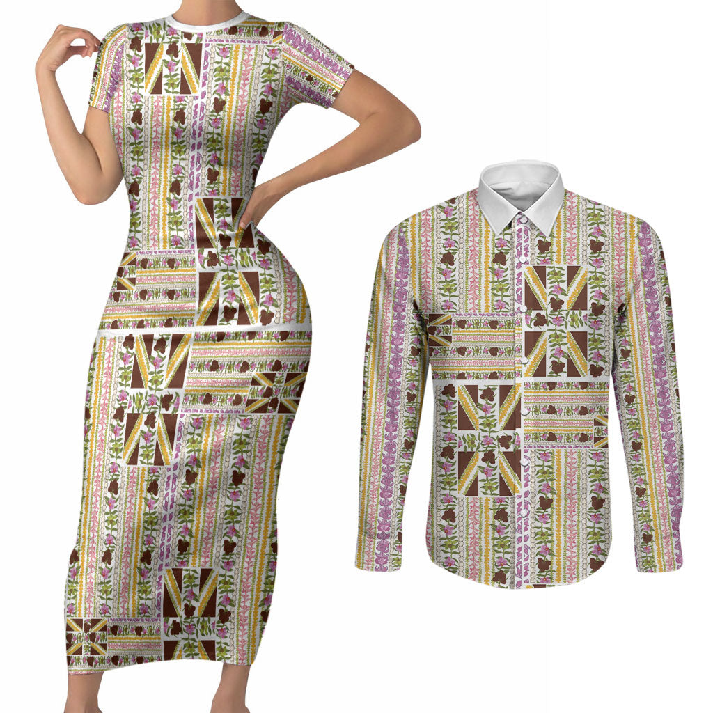 Hawaii Lokelani Pikake Lei Couples Matching Short Sleeve Bodycon Dress and Long Sleeve Button Shirt Hawaiian Flag Motif LT9 White - Polynesian Pride