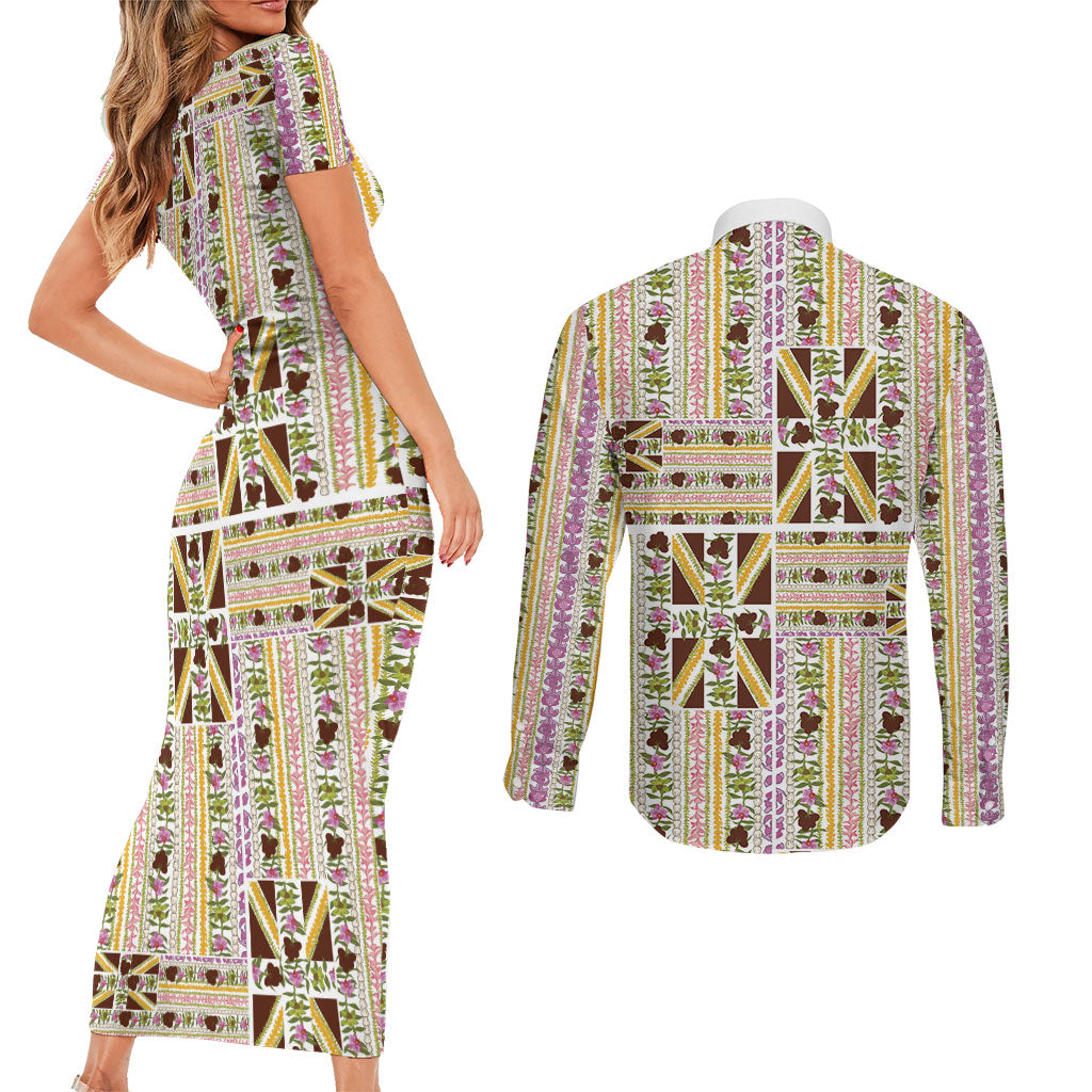 Hawaii Lokelani Pikake Lei Couples Matching Short Sleeve Bodycon Dress and Long Sleeve Button Shirt Hawaiian Flag Motif