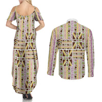 Hawaii Lokelani Pikake Lei Couples Matching Summer Maxi Dress and Long Sleeve Button Shirt Hawaiian Flag Motif