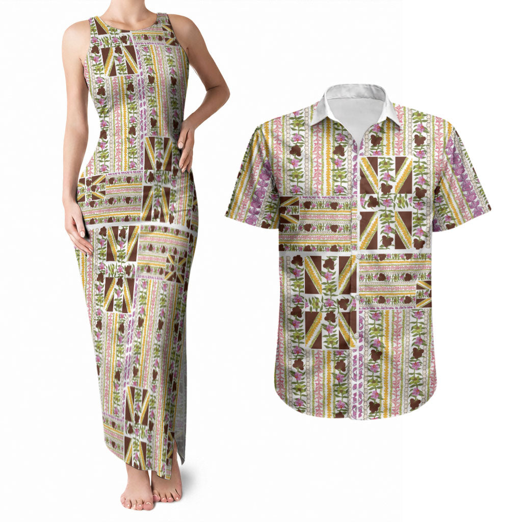 Hawaii Lokelani Pikake Lei Couples Matching Tank Maxi Dress and Hawaiian Shirt Hawaiian Flag Motif LT9 White - Polynesian Pride