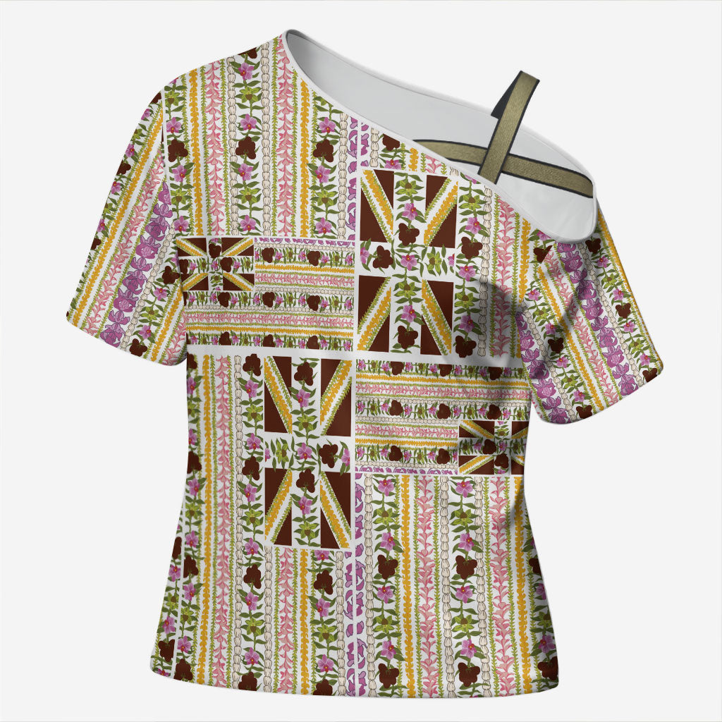 Hawaii Lokelani Pikake Lei Cross Shoulder Shirt Hawaiian Flag Motif LT9 Female White - Polynesian Pride