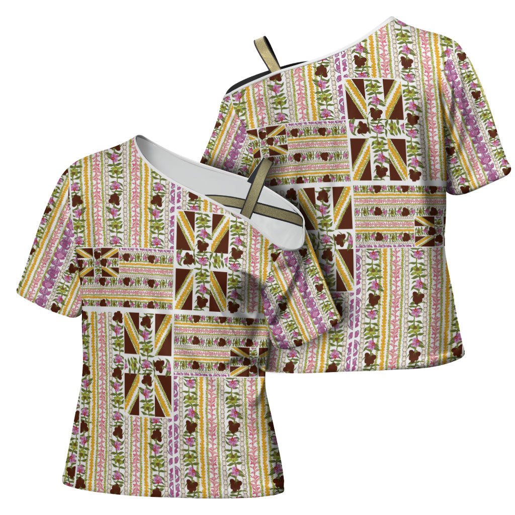 Hawaii Lokelani Pikake Lei Cross Shoulder Shirt Hawaiian Flag Motif
