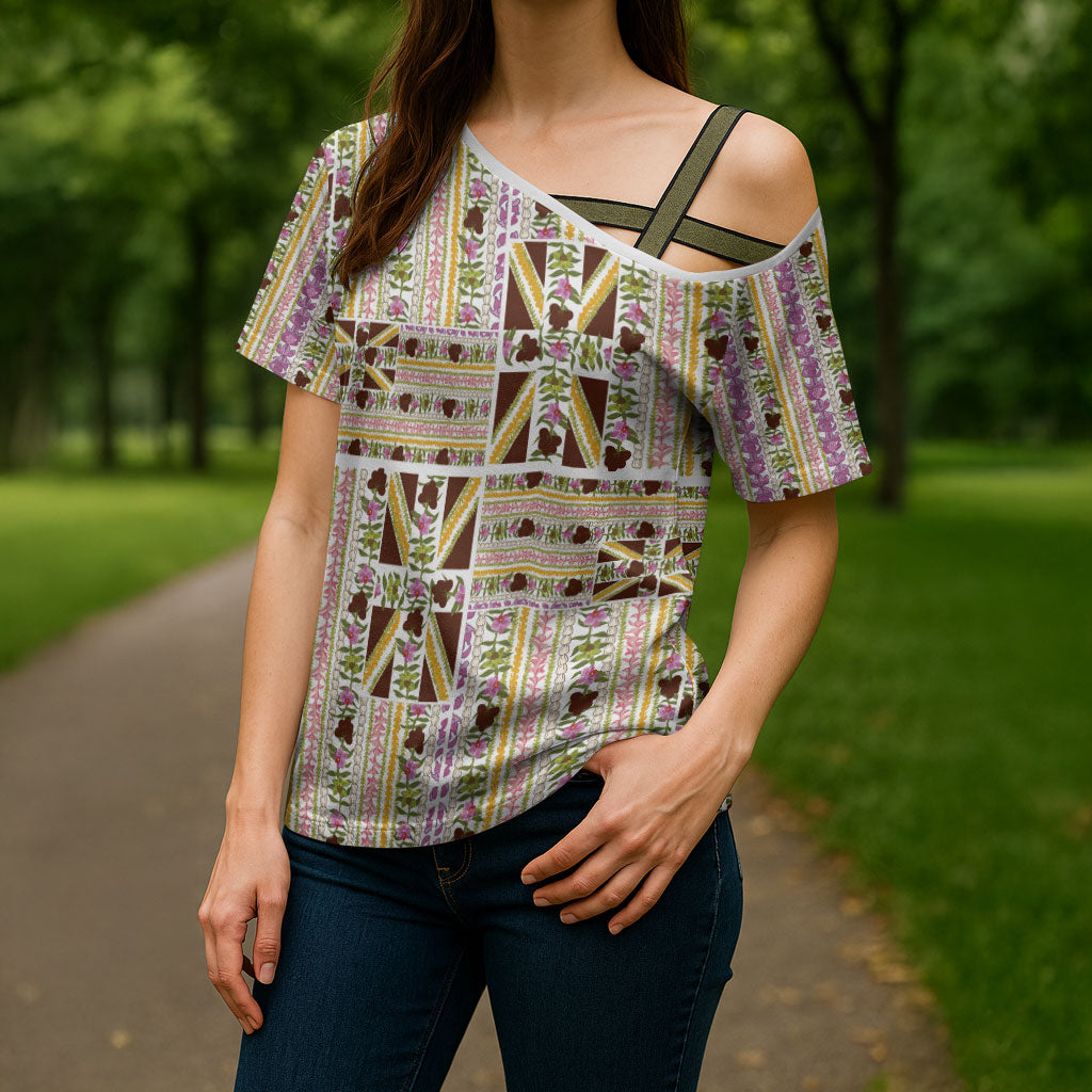 Hawaii Lokelani Pikake Lei Cross Shoulder Shirt Hawaiian Flag Motif