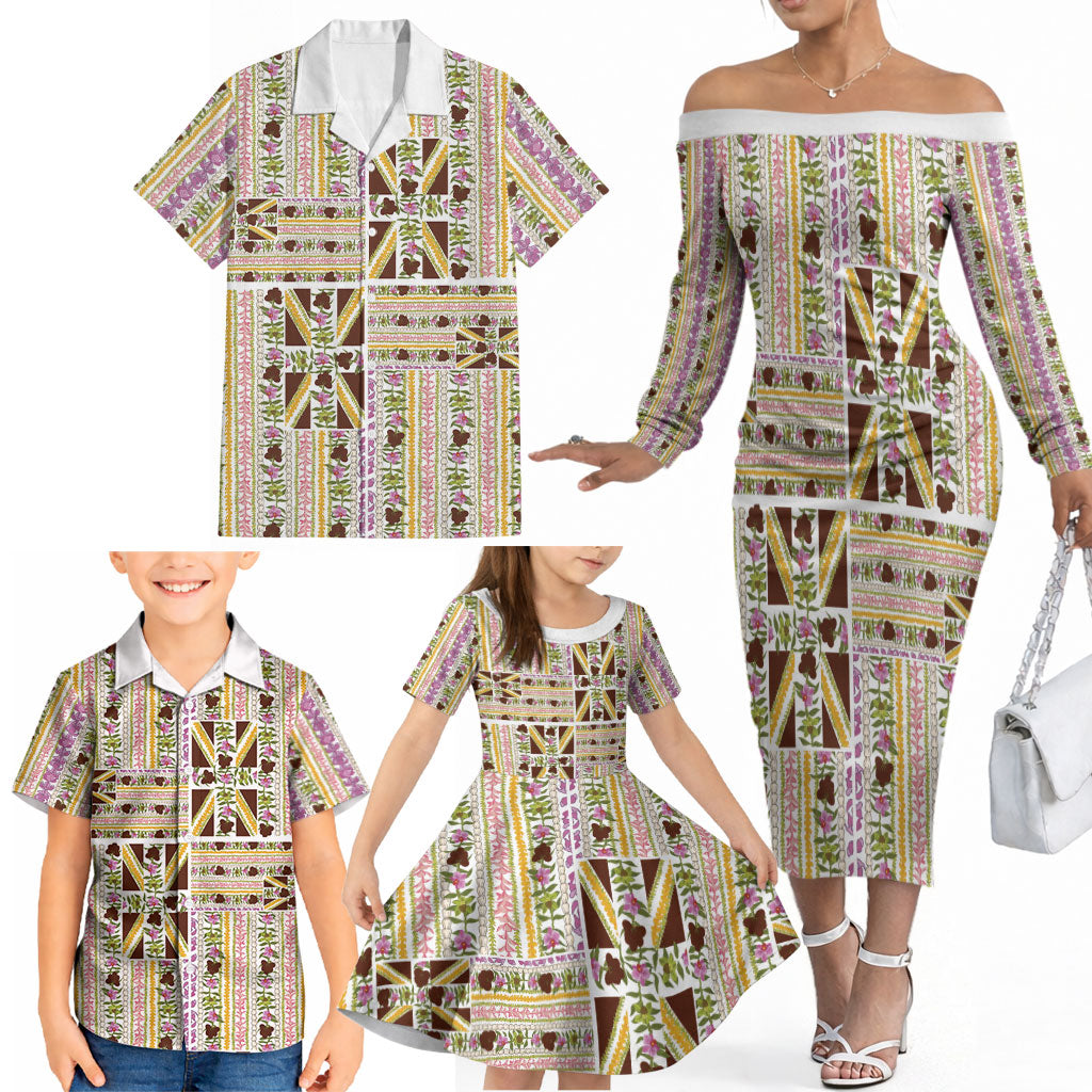 Hawaii Lokelani Pikake Lei Family Matching Off The Shoulder Long Sleeve Dress and Hawaiian Shirt Hawaiian Flag Motif LT9 - Polynesian Pride