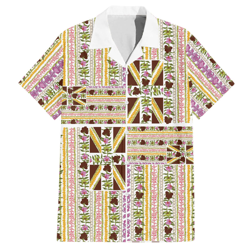 Hawaii Lokelani Pikake Lei Family Matching Off The Shoulder Long Sleeve Dress and Hawaiian Shirt Hawaiian Flag Motif LT9 Dad's Shirt - Short Sleeve White - Polynesian Pride