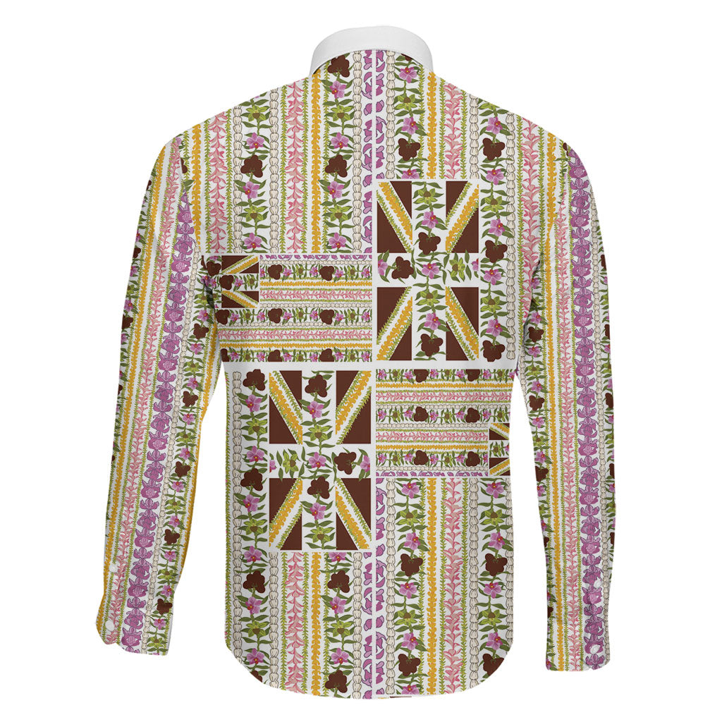 Hawaii Lokelani Pikake Lei Family Matching Off The Shoulder Long Sleeve Dress and Hawaiian Shirt Hawaiian Flag Motif LT9 - Polynesian Pride