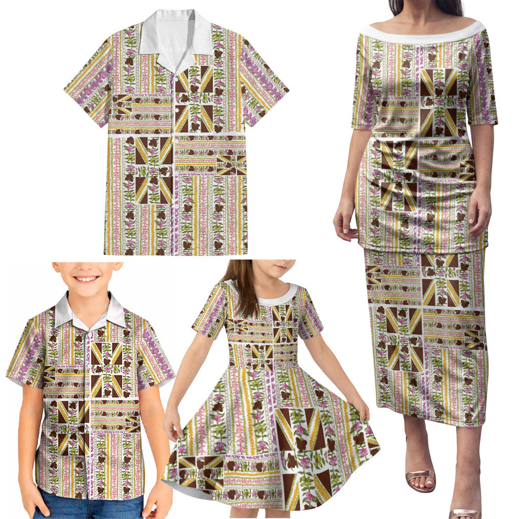 Hawaii Lokelani Pikake Lei Family Matching Puletasi and Hawaiian Shirt Hawaiian Flag Motif LT9 - Polynesian Pride