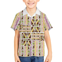 Hawaii Lokelani Pikake Lei Family Matching Puletasi and Hawaiian Shirt Hawaiian Flag Motif LT9 Son's Shirt White - Polynesian Pride