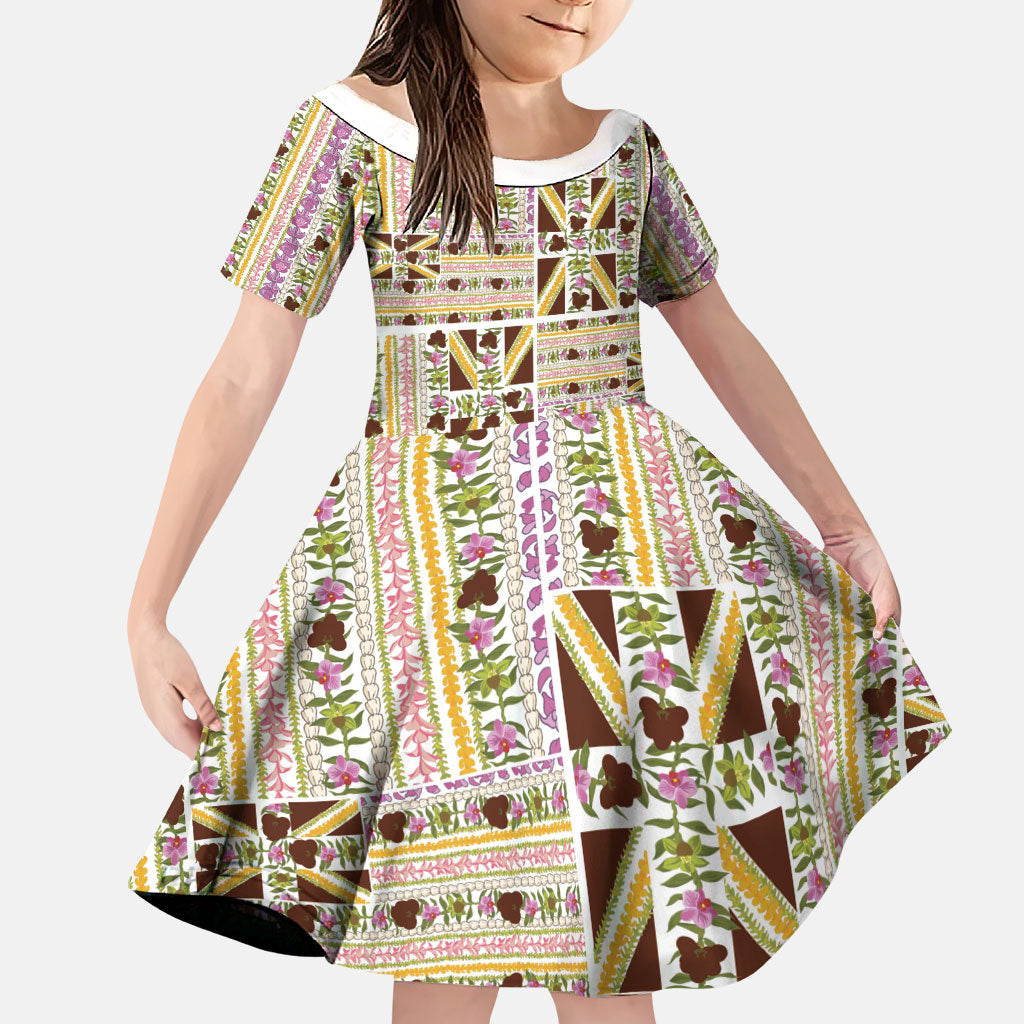 Hawaii Lokelani Pikake Lei Family Matching Short Sleeve Bodycon Dress and Hawaiian Shirt Hawaiian Flag Motif LT9 Daughter's Dress White - Polynesian Pride