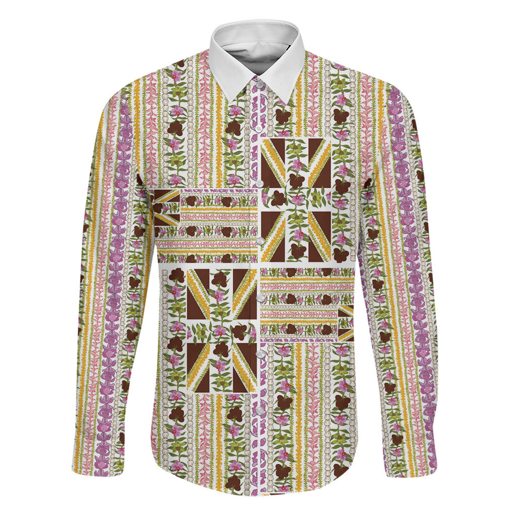 Hawaii Lokelani Pikake Lei Family Matching Short Sleeve Bodycon Dress and Hawaiian Shirt Hawaiian Flag Motif LT9 Dad's Shirt - Long Sleeve White - Polynesian Pride