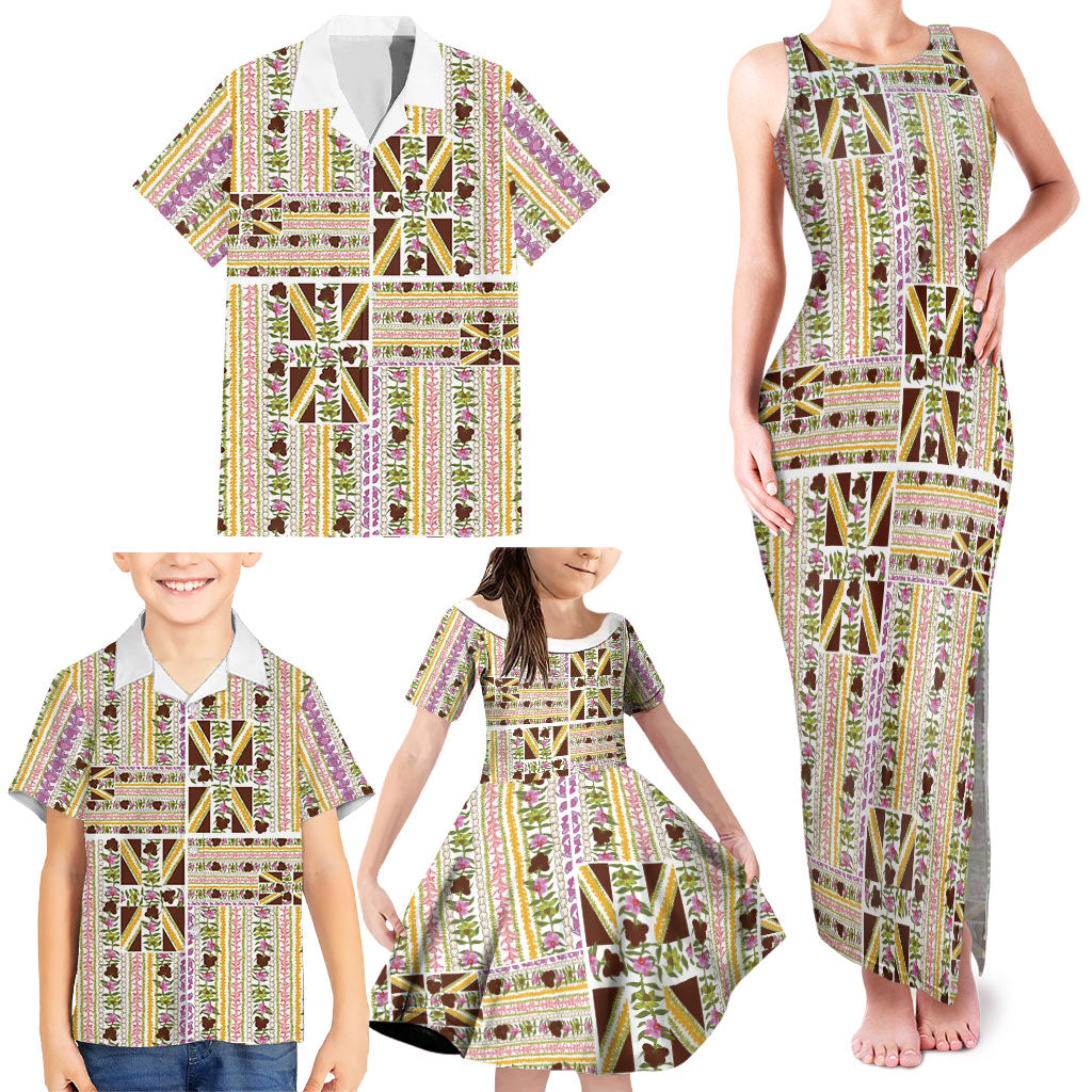 Hawaii Lokelani Pikake Lei Family Matching Tank Maxi Dress and Hawaiian Shirt Hawaiian Flag Motif