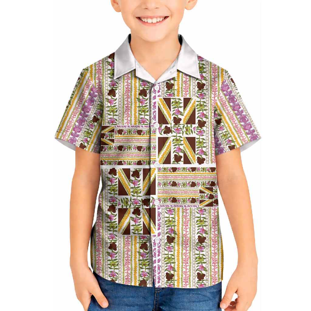 Hawaii Lokelani Pikake Lei Kid Hawaiian Shirt Hawaiian Flag Motif LT9 Kid White - Polynesian Pride