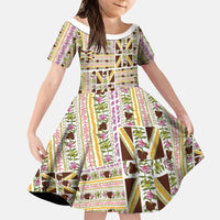 Hawaii Lokelani Pikake Lei Kid Short Sleeve Dress Hawaiian Flag Motif