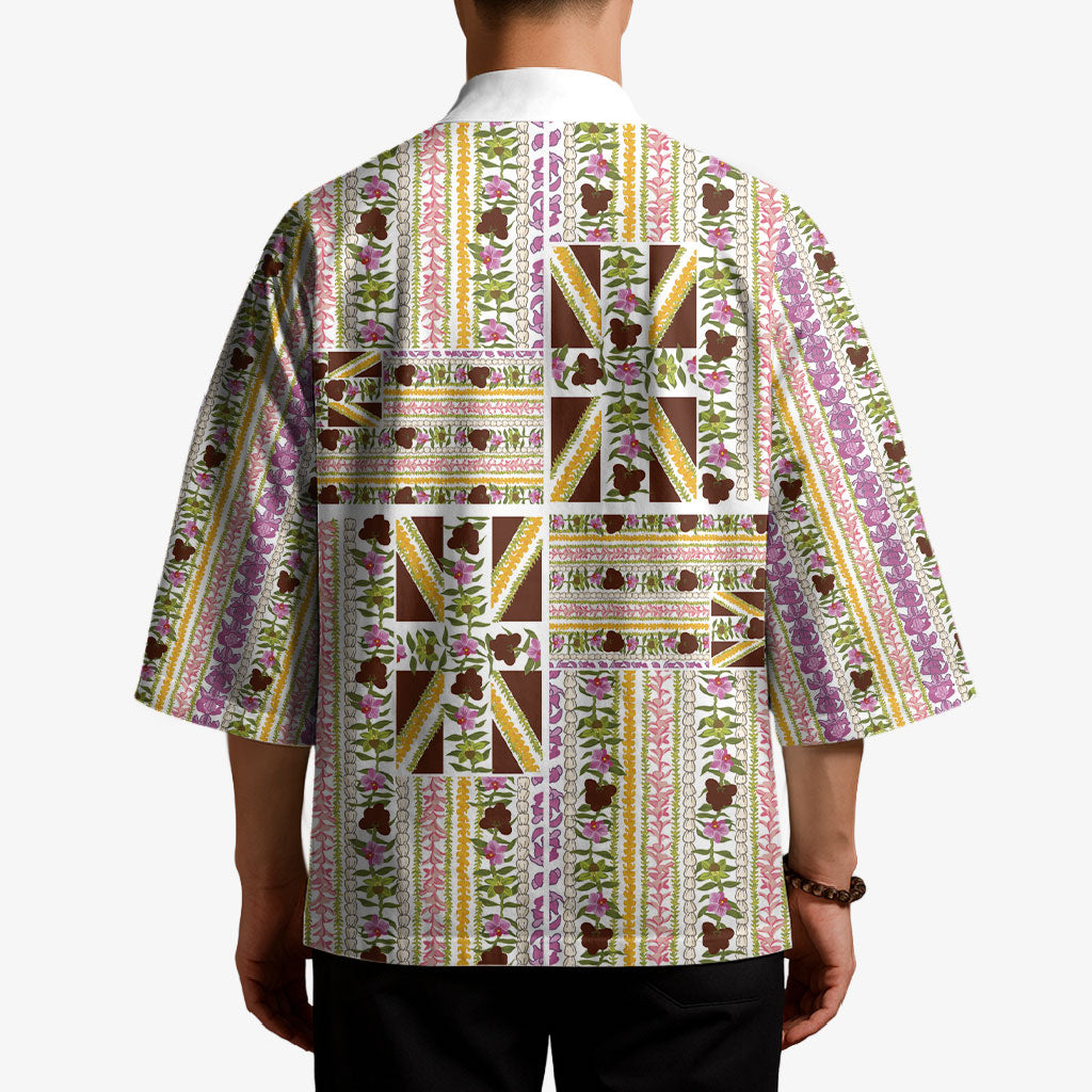 Hawaii Lokelani Pikake Lei Kimono Hawaiian Flag Motif