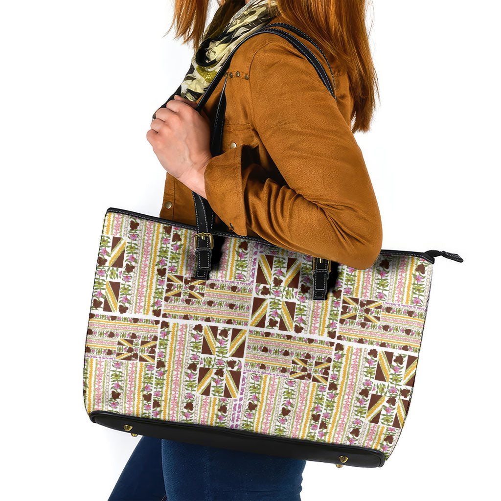 Hawaii Lokelani Pikake Lei Leather Tote Bag Hawaiian Flag Motif LT9 White - Polynesian Pride