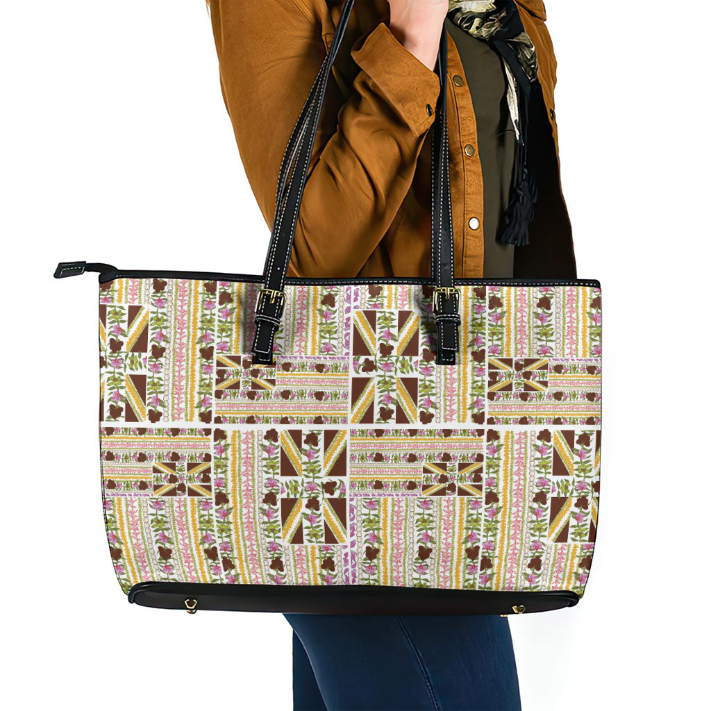 Hawaii Lokelani Pikake Lei Leather Tote Bag Hawaiian Flag Motif