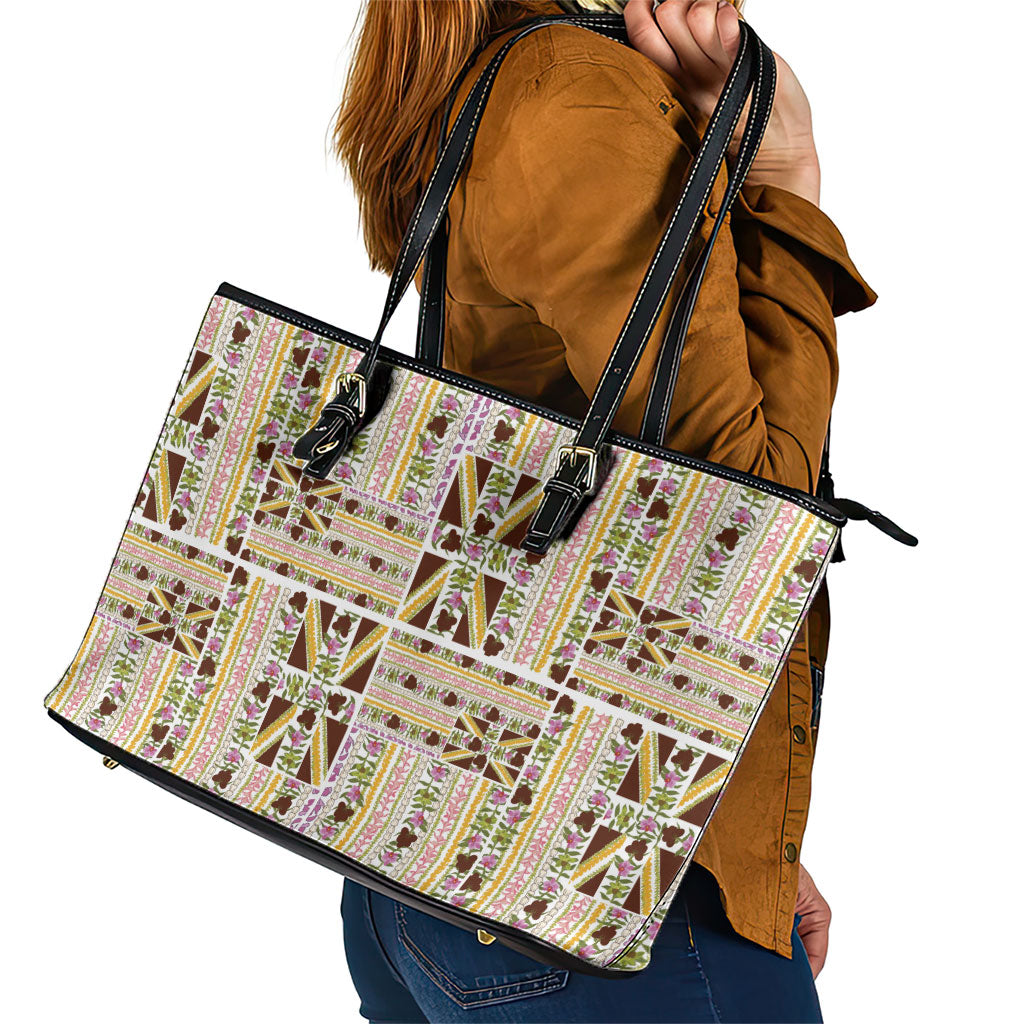 Hawaii Lokelani Pikake Lei Leather Tote Bag Hawaiian Flag Motif