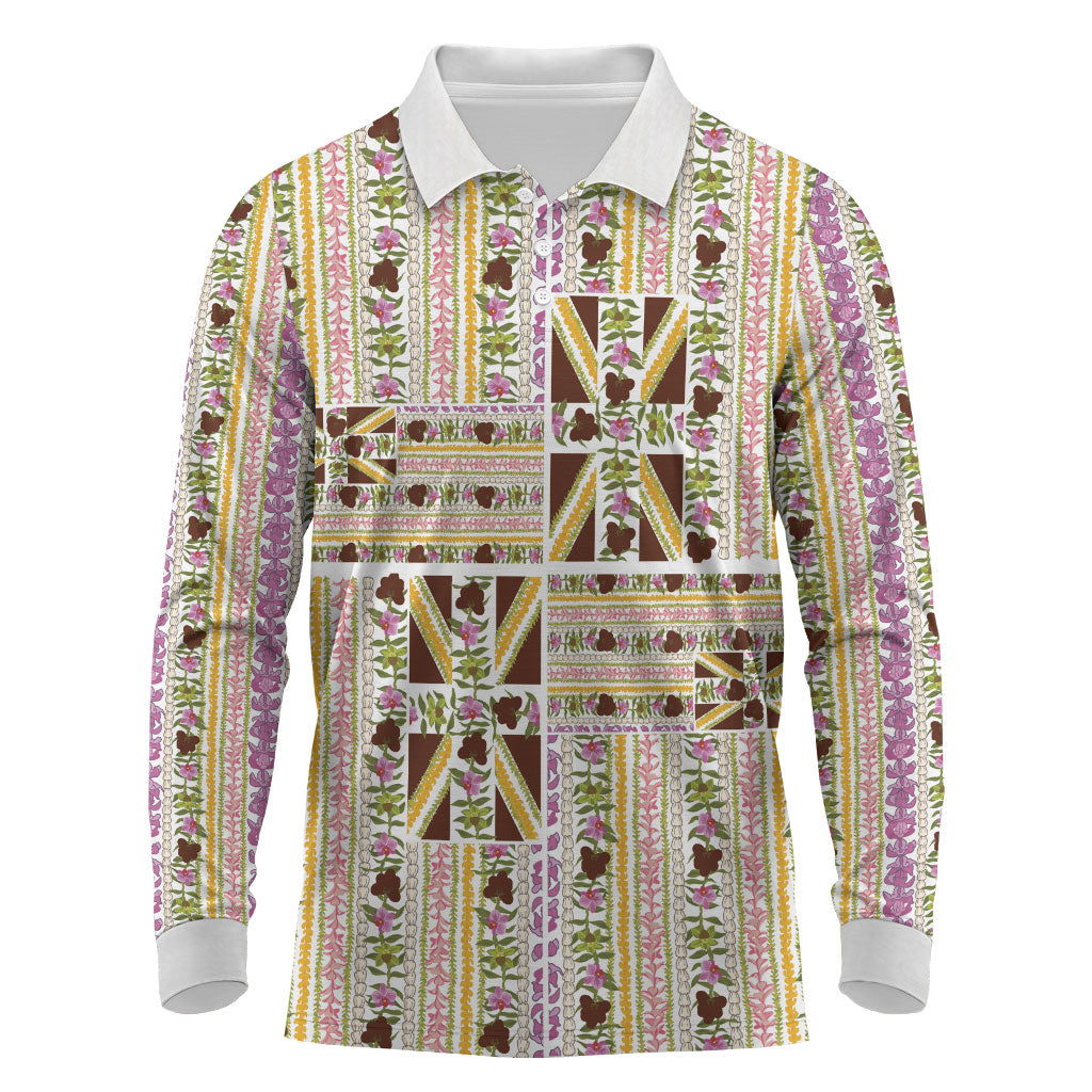 Hawaii Lokelani Pikake Lei Long Sleeve Polo Shirt Hawaiian Flag Motif