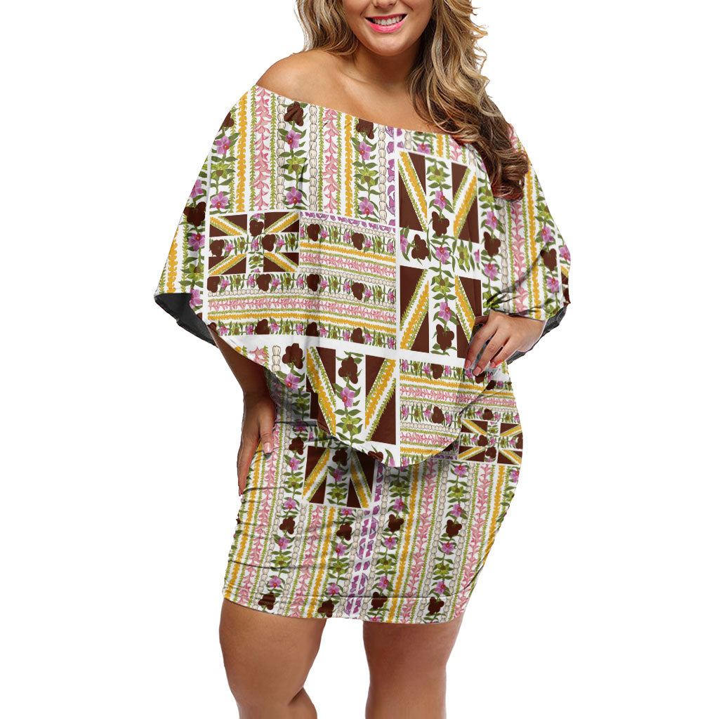 Hawaii Lokelani Pikake Lei Off Shoulder Short Dress Hawaiian Flag Motif