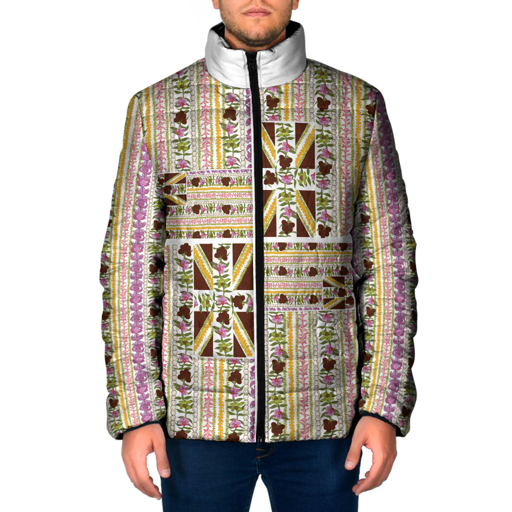 Hawaii Lokelani Pikake Lei Padded Jacket Hawaiian Flag Motif LT9 Men White - Polynesian Pride