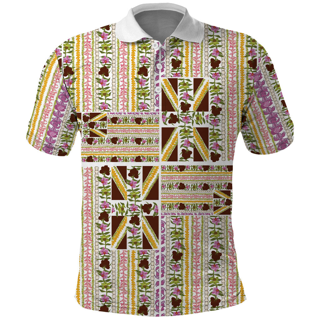 Hawaii Lokelani Pikake Lei Polo Shirt Hawaiian Flag Motif