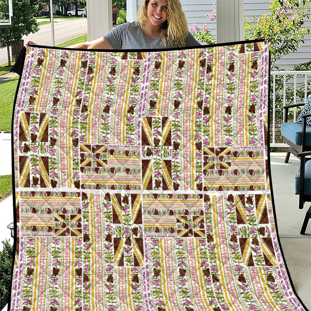Hawaii Lokelani Pikake Lei Quilt Hawaiian Flag Motif LT9 White - Polynesian Pride