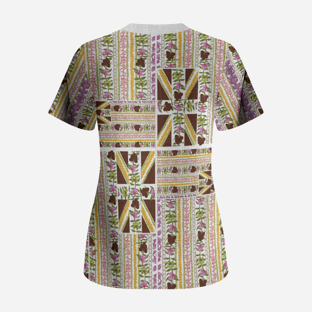 Hawaii Lokelani Pikake Lei Scrub Top Hawaiian Flag Motif