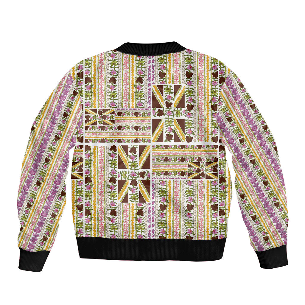 Hawaii Lokelani Pikake Lei Sleeve Zip Bomber Jacket Hawaiian Flag Motif