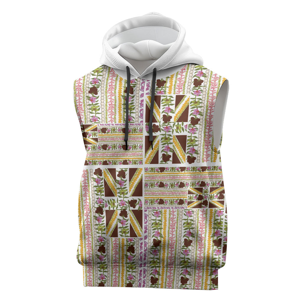 Hawaii Lokelani Pikake Lei Sleeveless Hoodie Hawaiian Flag Motif