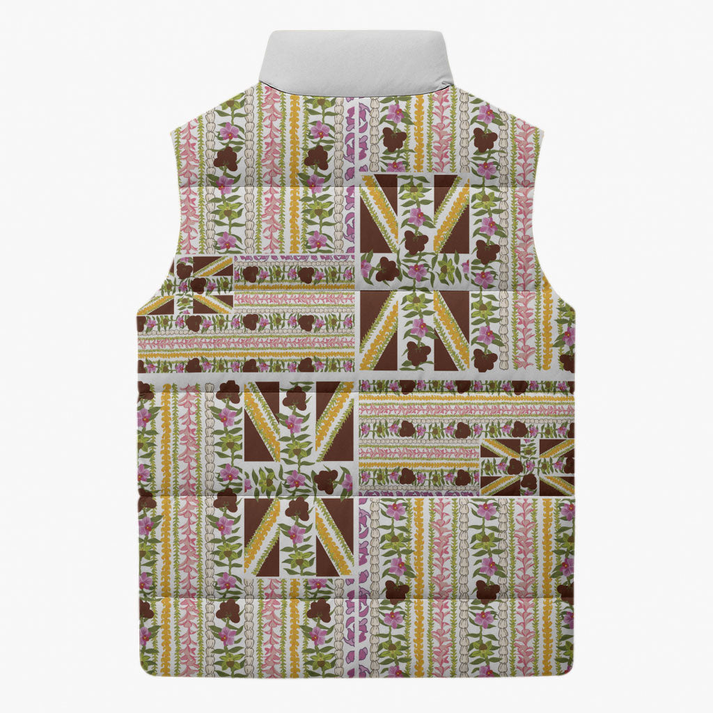 Hawaii Lokelani Pikake Lei Sleeveless Puffer Jacket Hawaiian Flag Motif