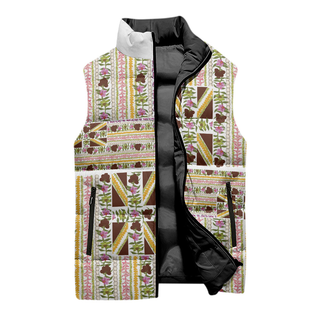 Hawaii Lokelani Pikake Lei Sleeveless Puffer Jacket Hawaiian Flag Motif