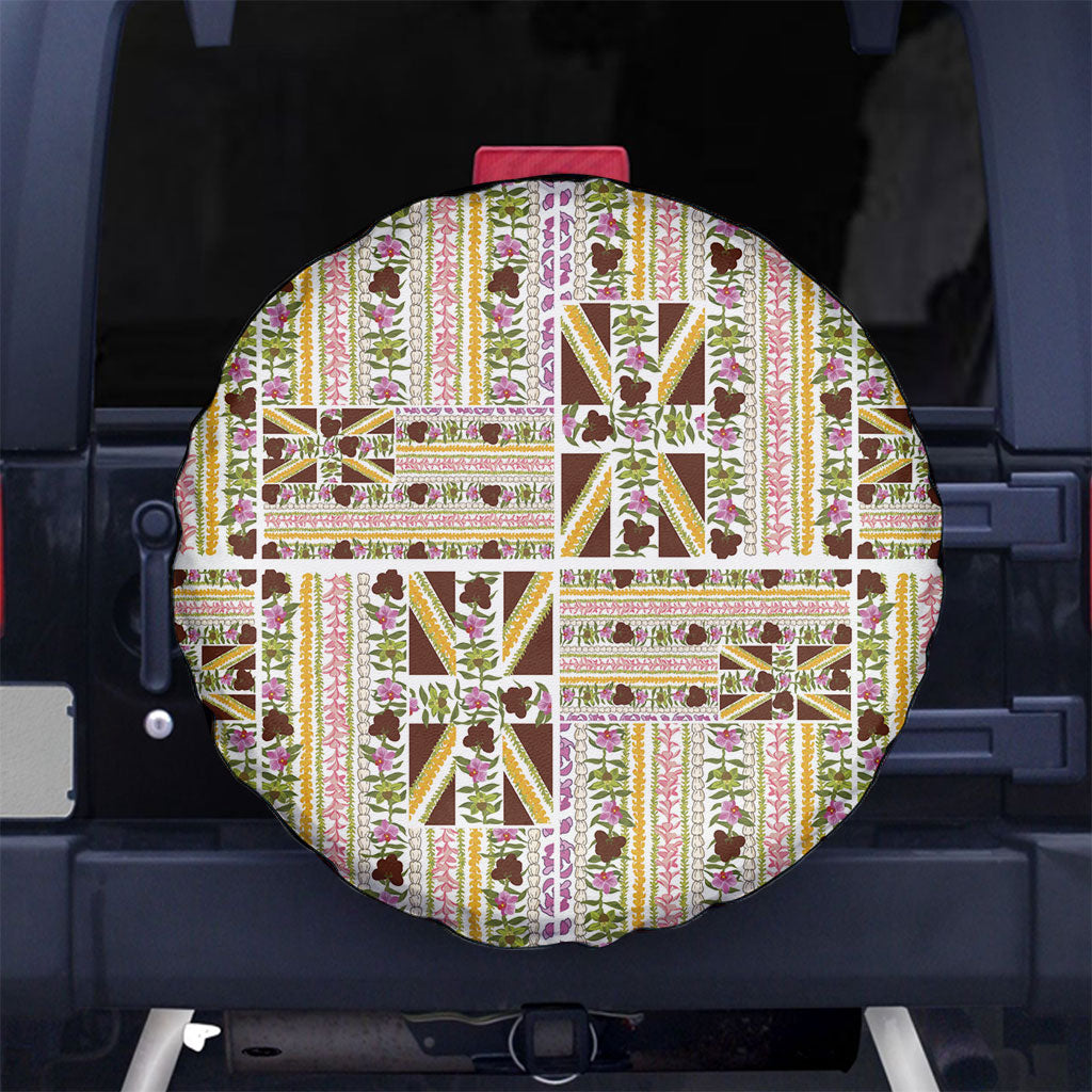 Hawaii Lokelani Pikake Lei Spare Tire Cover Hawaiian Flag Motif LT9 No hole White - Polynesian Pride
