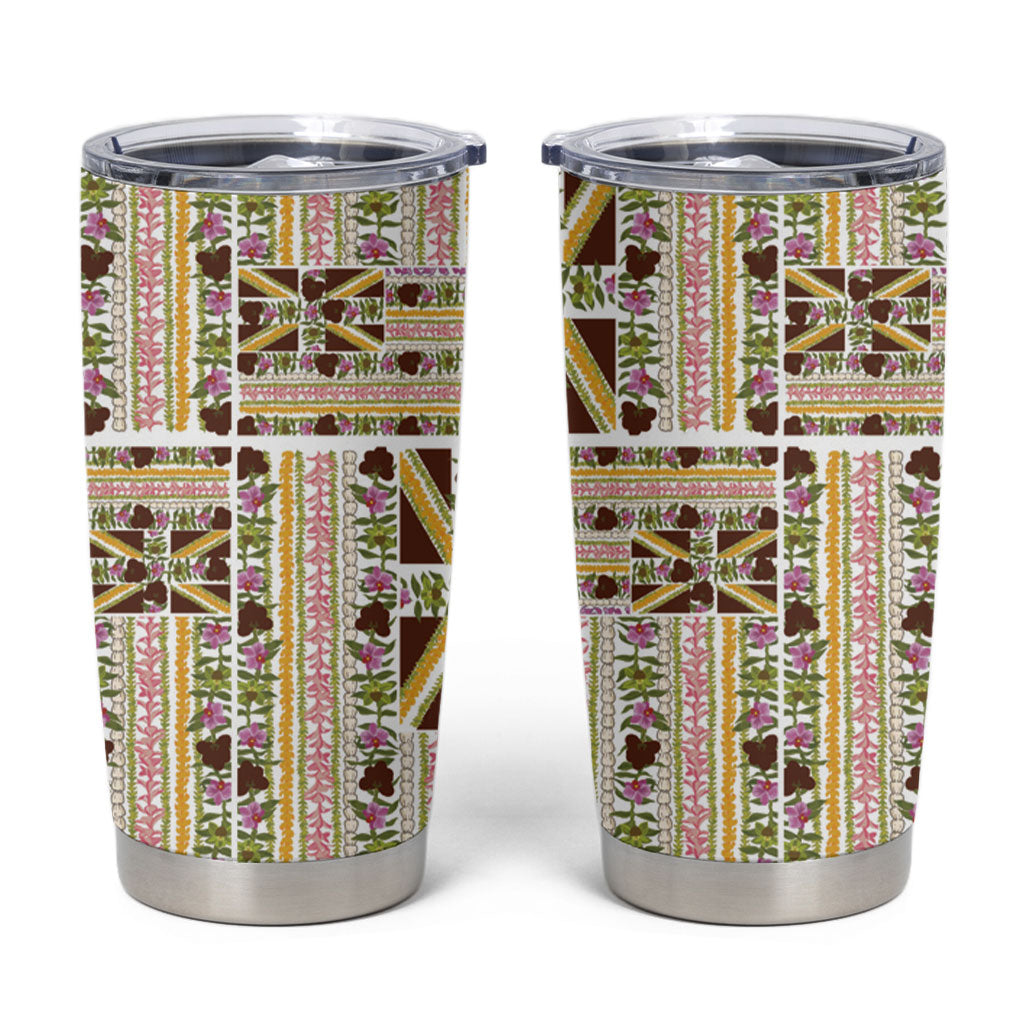 Hawaii Lokelani Pikake Lei Tumbler Cup Hawaiian Flag Motif LT9 White - Polynesian Pride