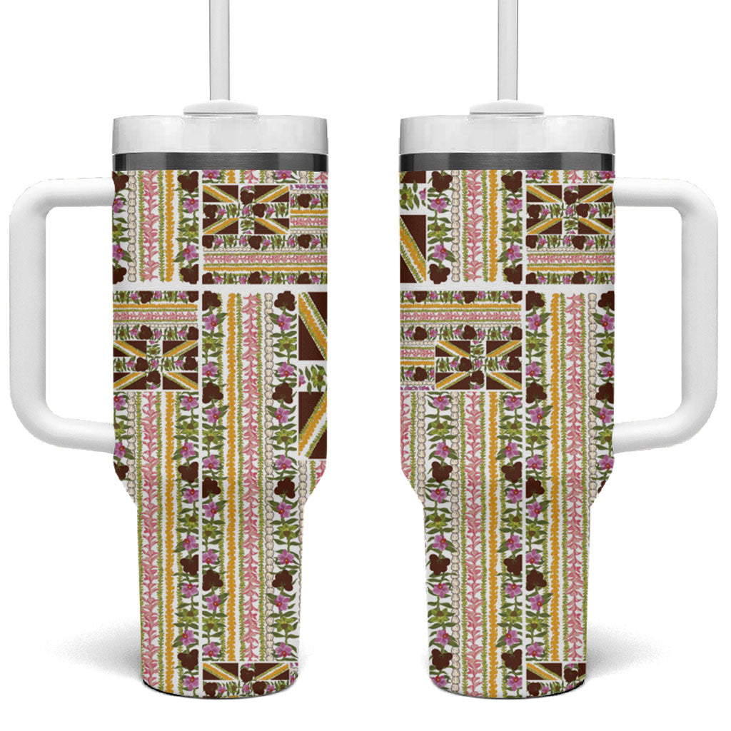 Hawaii Lokelani Pikake Lei Tumbler With Handle Hawaiian Flag Motif