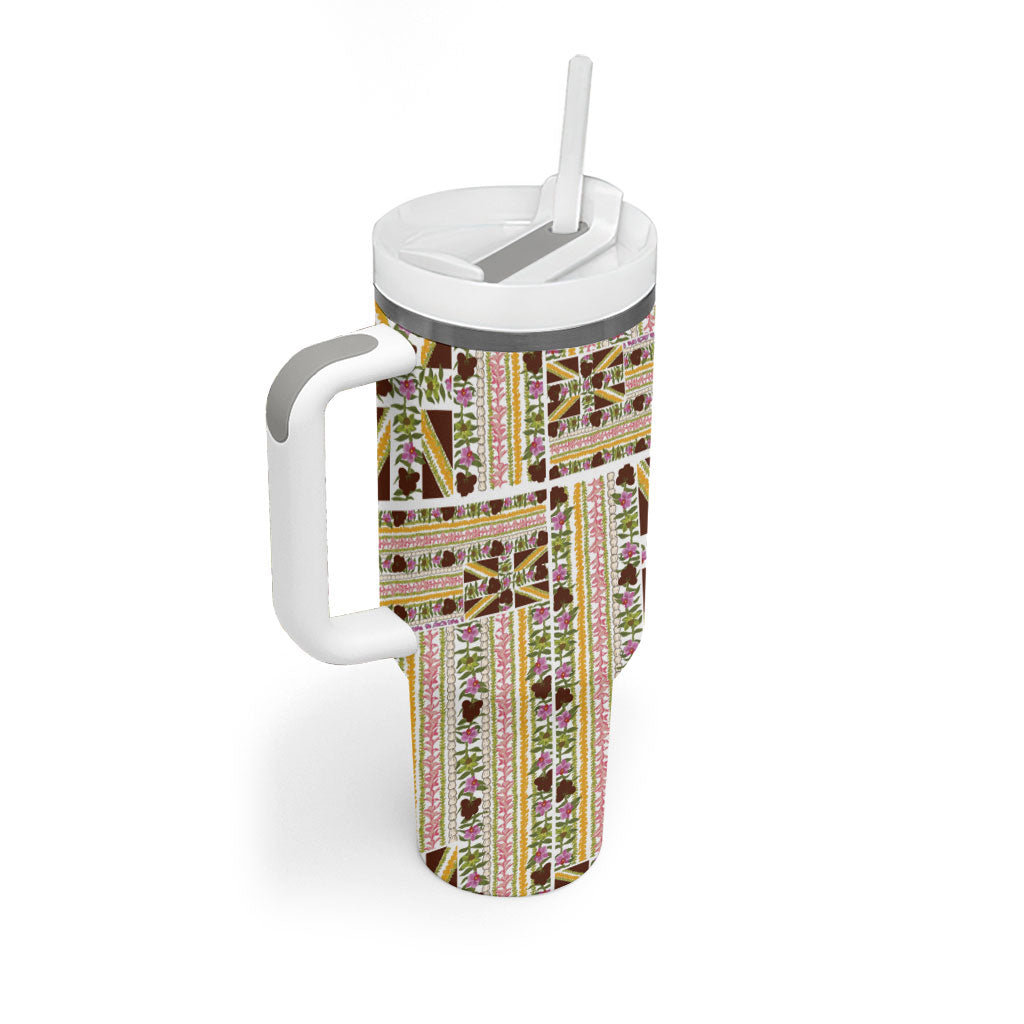 Hawaii Lokelani Pikake Lei Tumbler With Handle Hawaiian Flag Motif