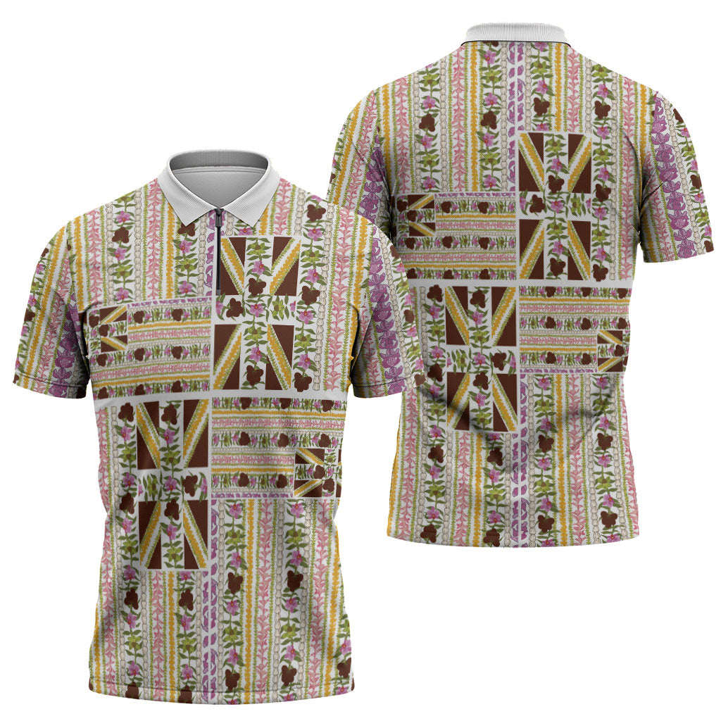 Hawaii Lokelani Pikake Lei Zipper Polo Shirt Hawaiian Flag Motif