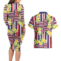 Hawaii Plumeria Lei Couples Matching Long Sleeve Bodycon Dress and Hawaiian Shirt Hawaiian Flag Motif LT9 - Polynesian Pride