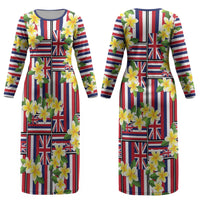 Hawaii Plumeria Lei Couples Matching Long Sleeve Bodycon Dress and Long Sleeve Button Shirt Hawaiian Flag Motif LT9 - Polynesian Pride