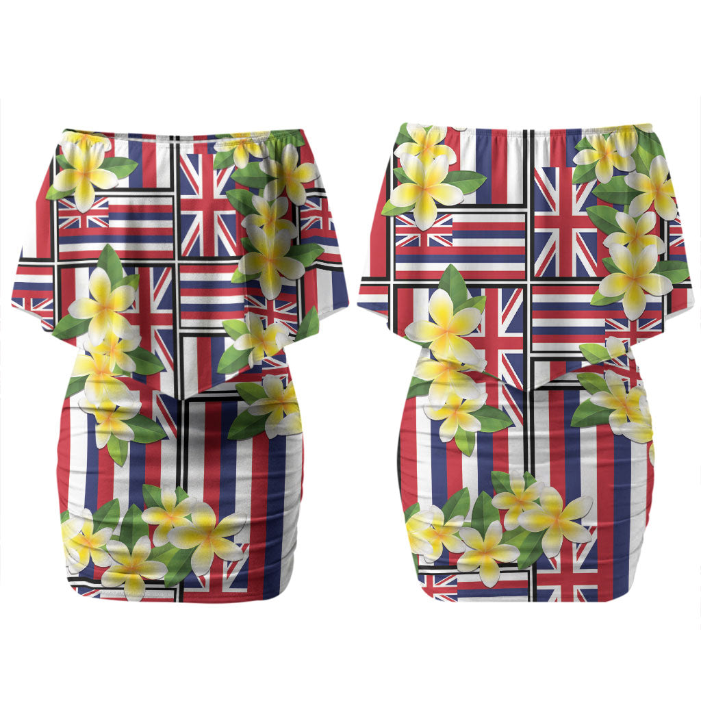 Hawaii Plumeria Lei Couples Matching Off Shoulder Short Dress and Long Sleeve Button Shirt Hawaiian Flag Motif LT9 - Polynesian Pride