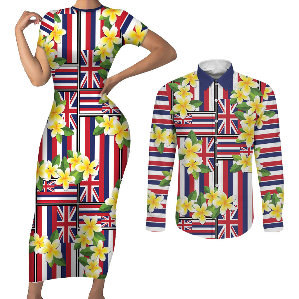 Hawaii Plumeria Lei Couples Matching Short Sleeve Bodycon Dress and Long Sleeve Button Shirt Hawaiian Flag Motif