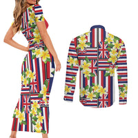 Hawaii Plumeria Lei Couples Matching Short Sleeve Bodycon Dress and Long Sleeve Button Shirt Hawaiian Flag Motif